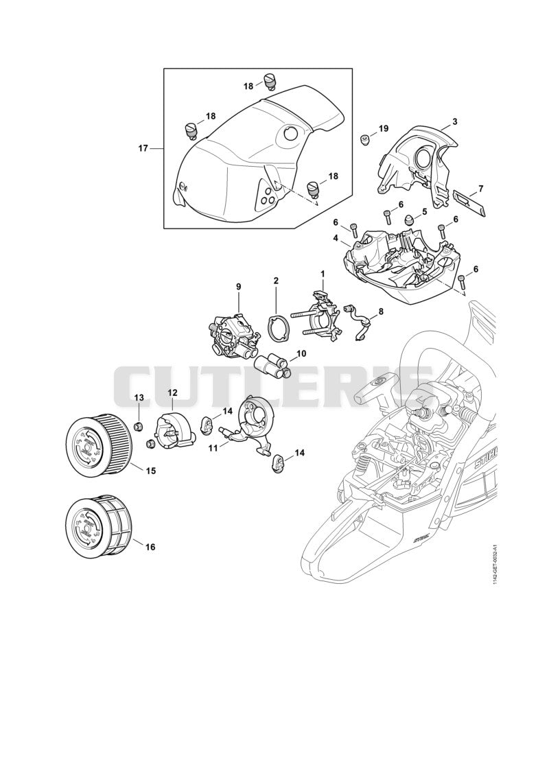 Carburetor bracket, Air filter, Shroud