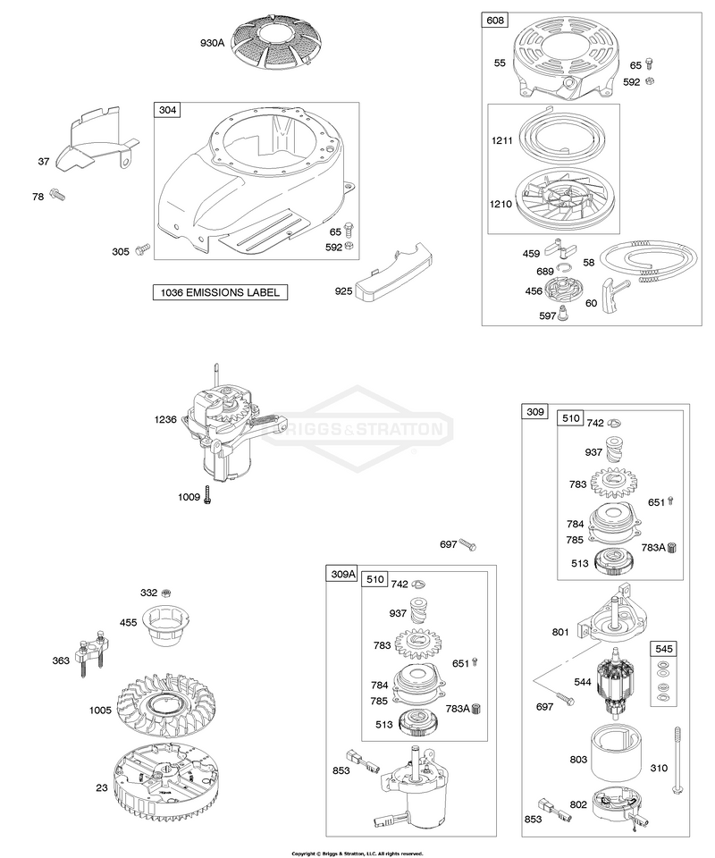 Blower Housing/Shrouds, Electric Starter, Flywheel, Rewind Starter