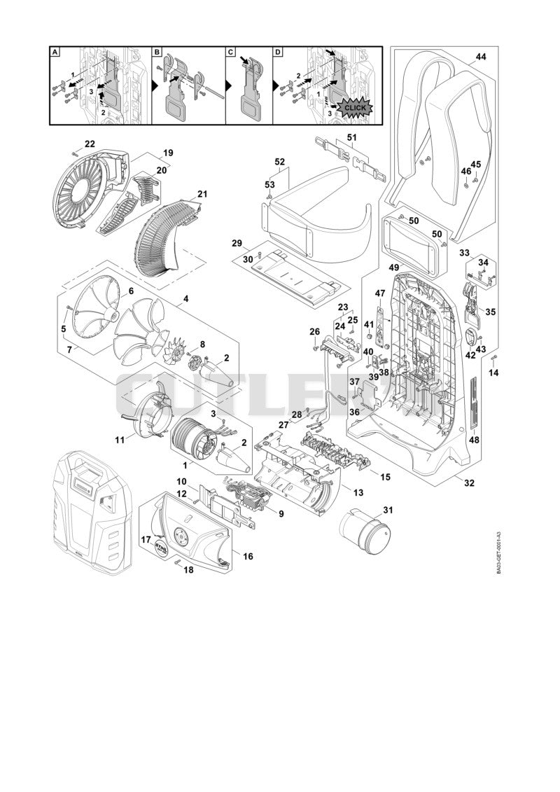 Fan and motor assembly, Motor housing, Backplate
