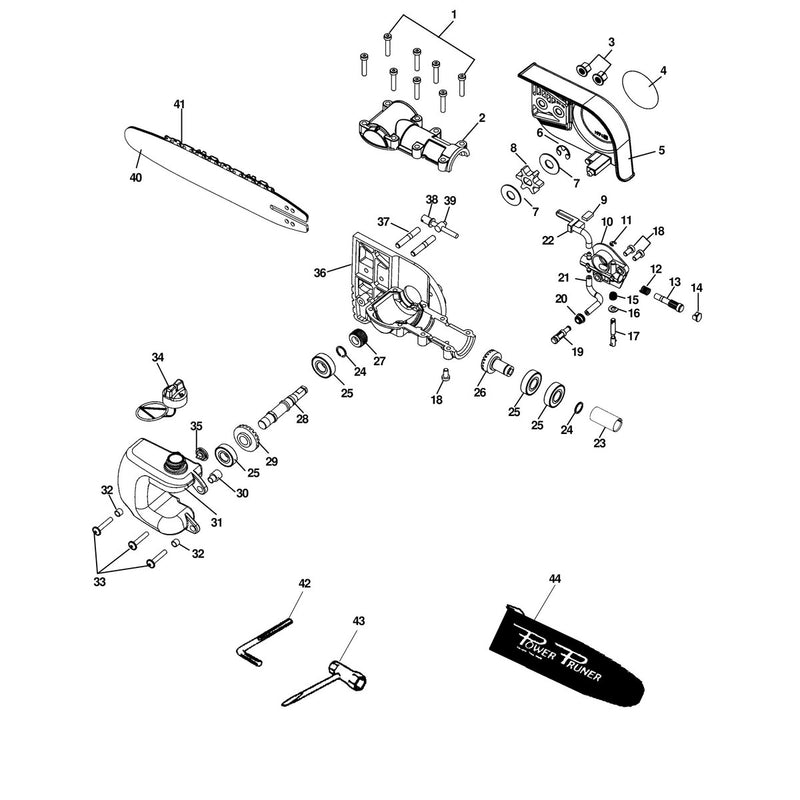 GEARCASE, AUTO OILER, GUIDE BAR, CUTTING CHAIN, TOOLS