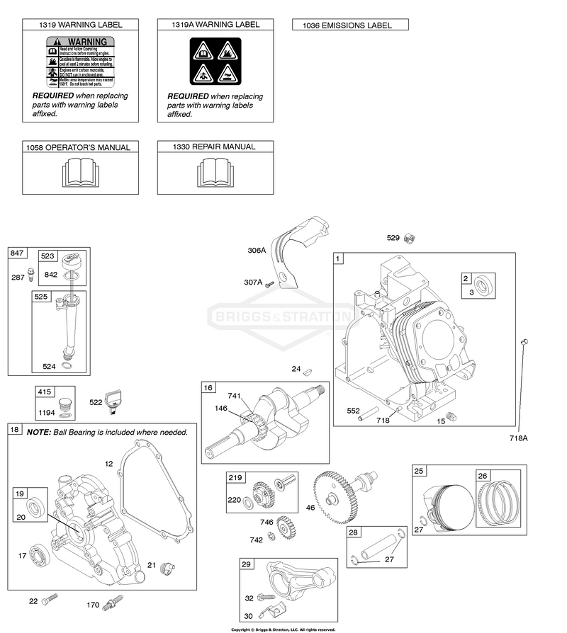 Camshaft, Crankcase Cover, Crankshaft, Cylinder, Lubrication, Operator's Manual, Piston/Rings/Connecting Rod, Warning Label