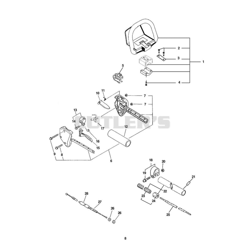 HANDLES, THROTTLE, STOP SWITCH, DRIVE SHAFT