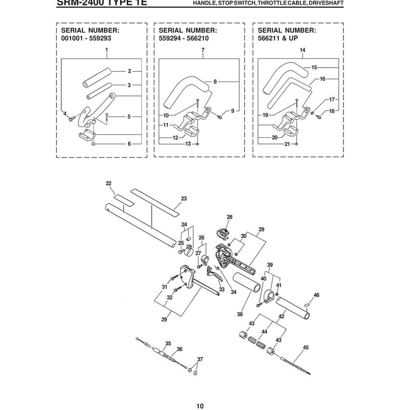 Type 1E Handle, Stop Switch, Throttle Cable, Driveshaft