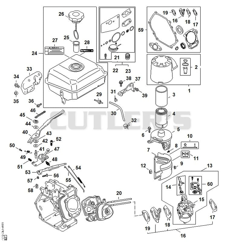 Fuel tank, Carburetor, Throttle control, Filter housing, Air filter