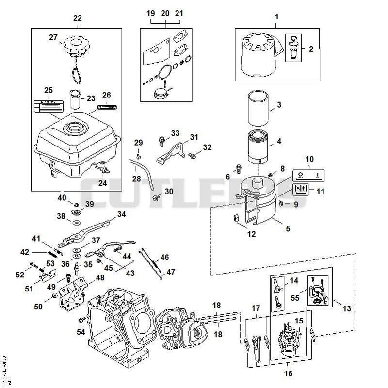 Fuel tank, Carburetor, Throttle control, Filter housing, Air filter