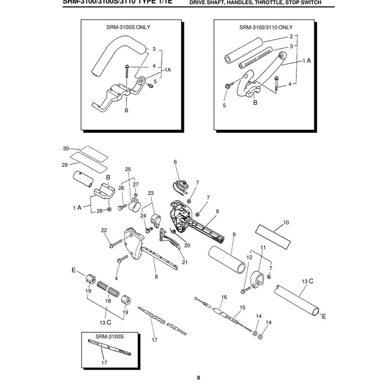 DRIVE SHAFT, HANDLES, THROTTLE, STOP SWITCH