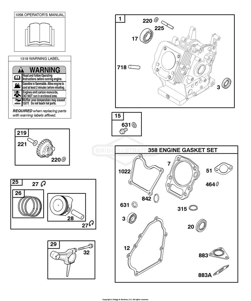Cylinder, Gasket Set-Engine, Operator's Manual, Piston, Rings, Connecting Rod, Warning Label