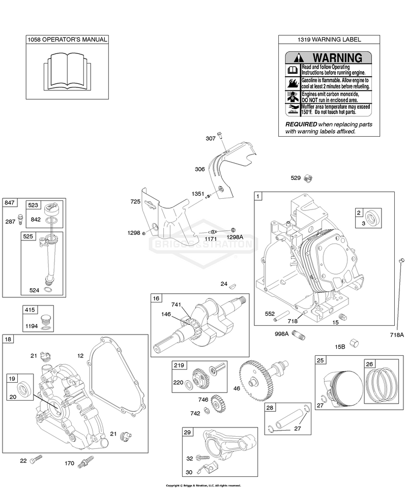 Camshaft, Crankcase Cover, Crankshaft, Cylinder, Lubrication, Operator's Manual, Piston/Rings/Connecting Rod, Warning Label