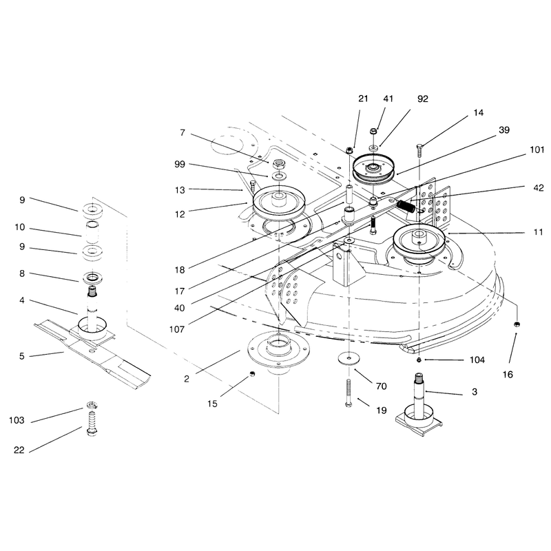Blades Spindles Drive and Idler Pulleys