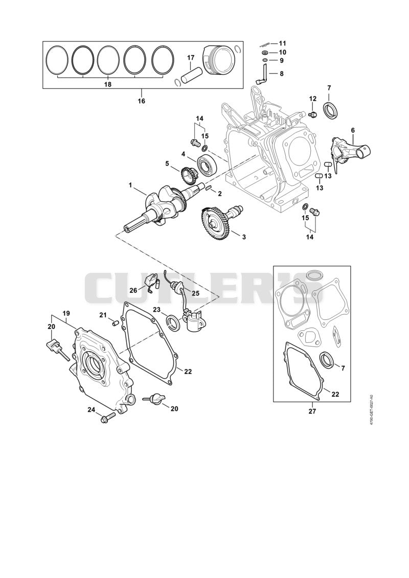 Crankcase, Piston, Crankshaft, Lubrication system