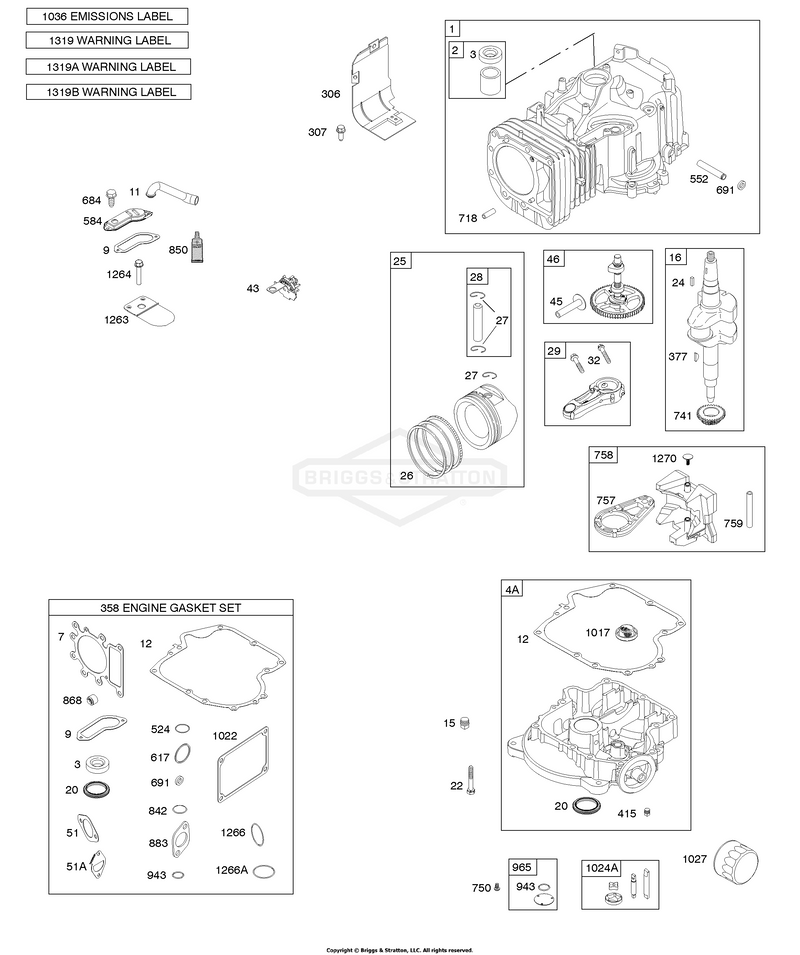 Camshaft, Crankshaft, Cylinder, Engine Sump, Gasket Set-Engine, Lubrication, Piston, Rings, and Connecting Rod, Warning Label