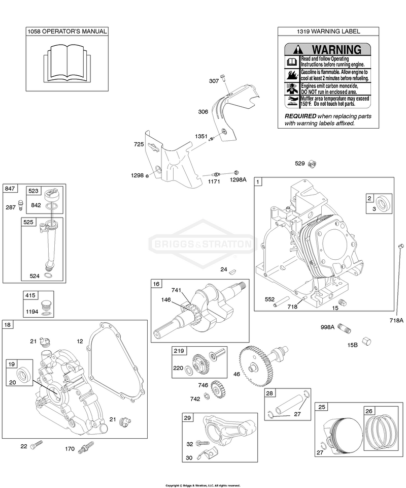 Camshaft, Crankcase Cover, Crankshaft, Cylinder, Lubrication, Operator's Manual, Piston/Rings/Connecting Rod, Warning Label