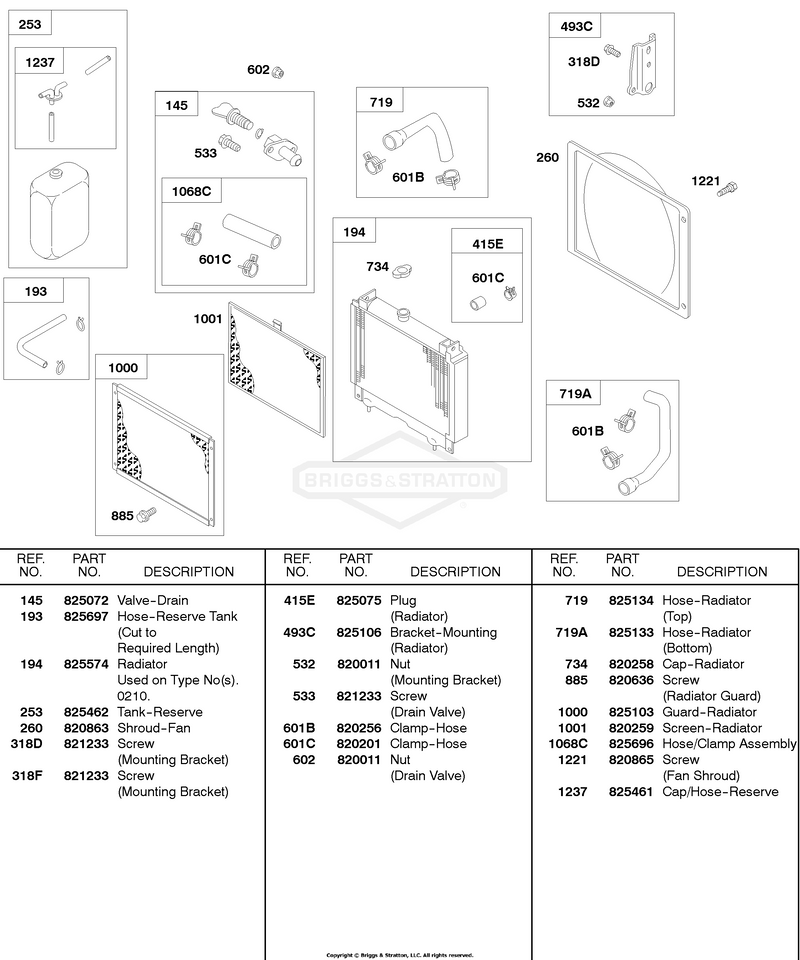 Radiator, Screens, Reserve Tank, Drain Valve