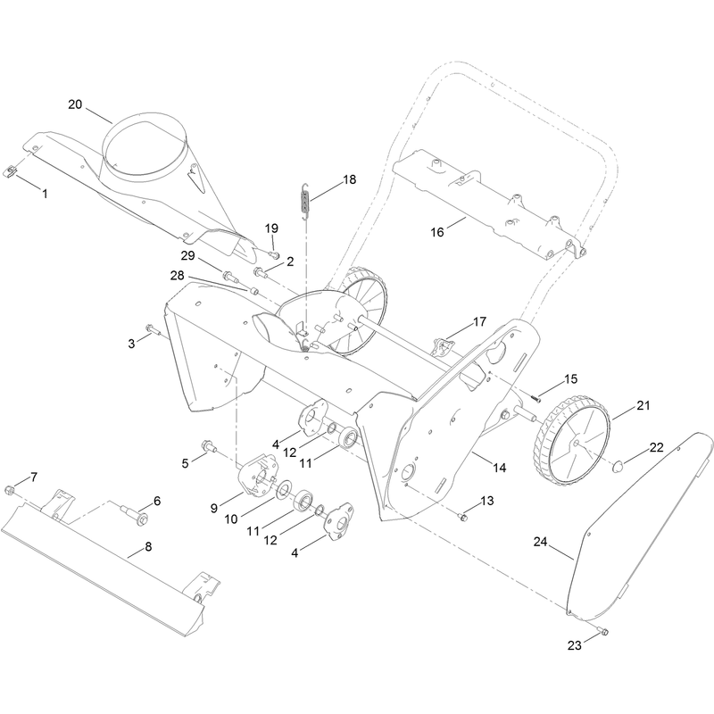 Main Frame, Chute and Wheel Assembly