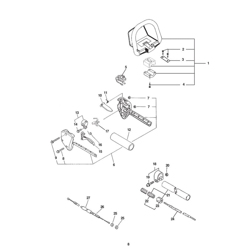 HANDLES, THROTTLE, STOP SWITCH, DRIVE SHAFT