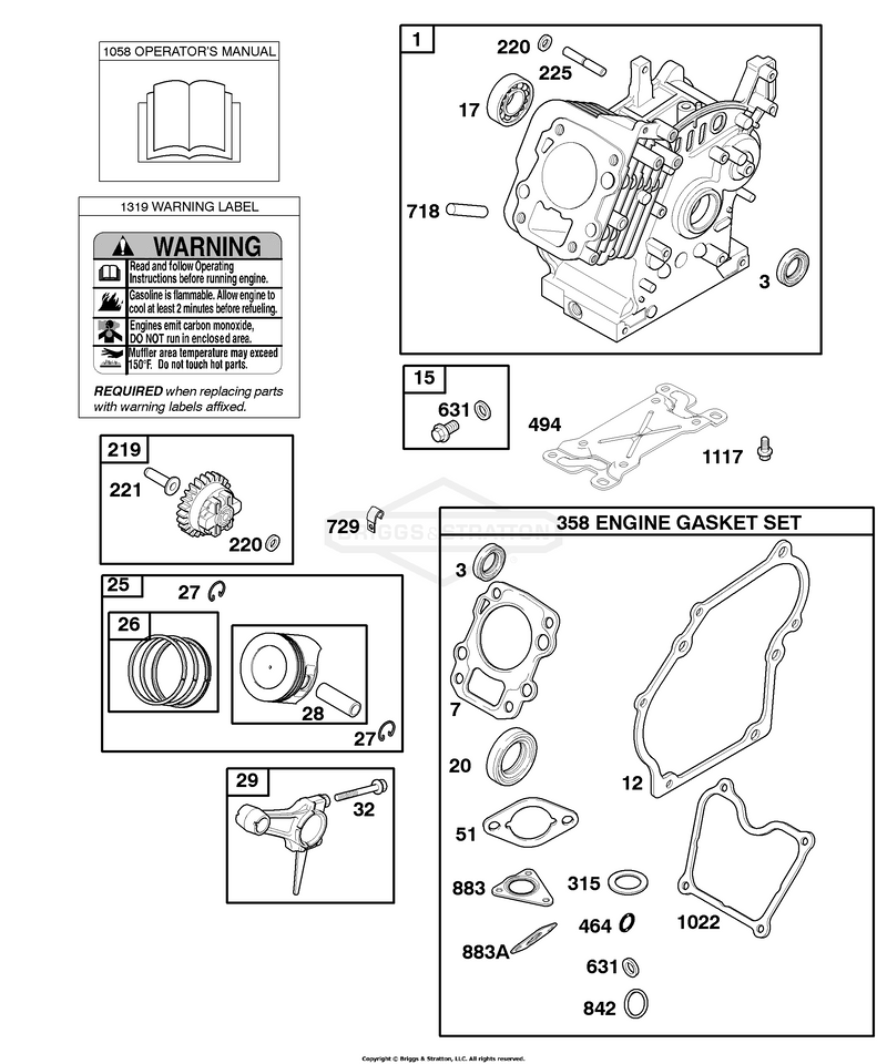 Cylinder, Gasket Set - Engine, Operator's Manual, Piston, Rings, Connecting Rod, Warning Label