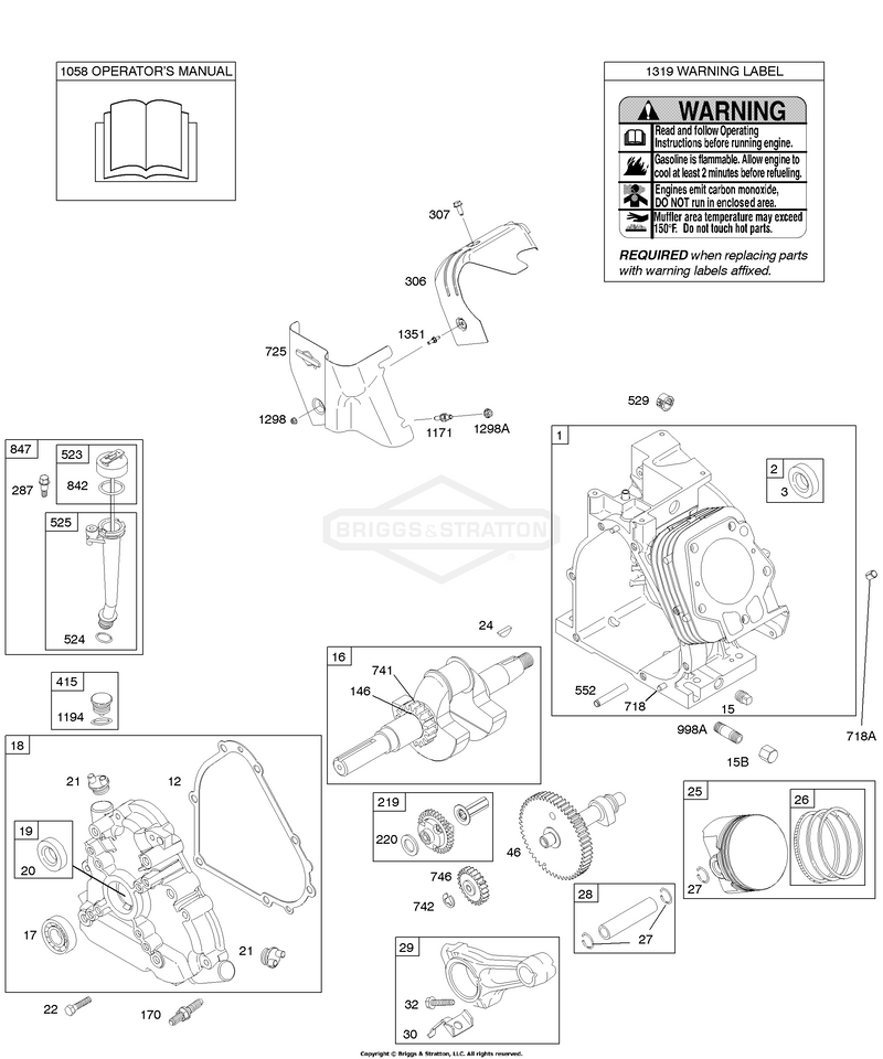 Camshaft, Crankcase Cover, Crankshaft, Cylinder, Lubrication, Operator's Manual, Piston/Rings/Connecting Rod, Warning Label