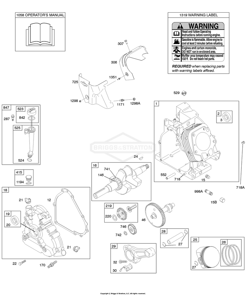 Camshaft, Crankcase Cover, Crankshaft, Cylinder, Lubrication, Operator's Manual, Piston/Rings/Connecting Rod, Warning Label