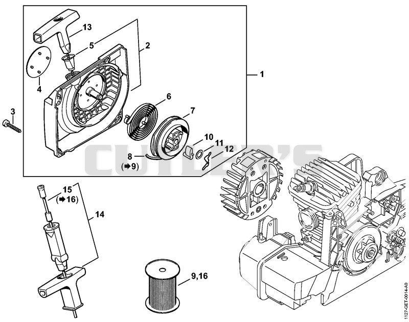 Fan housing with rewind starter