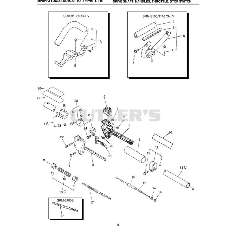 DRIVE SHAFT, HANDLES, THROTTLE, STOP SWITCH