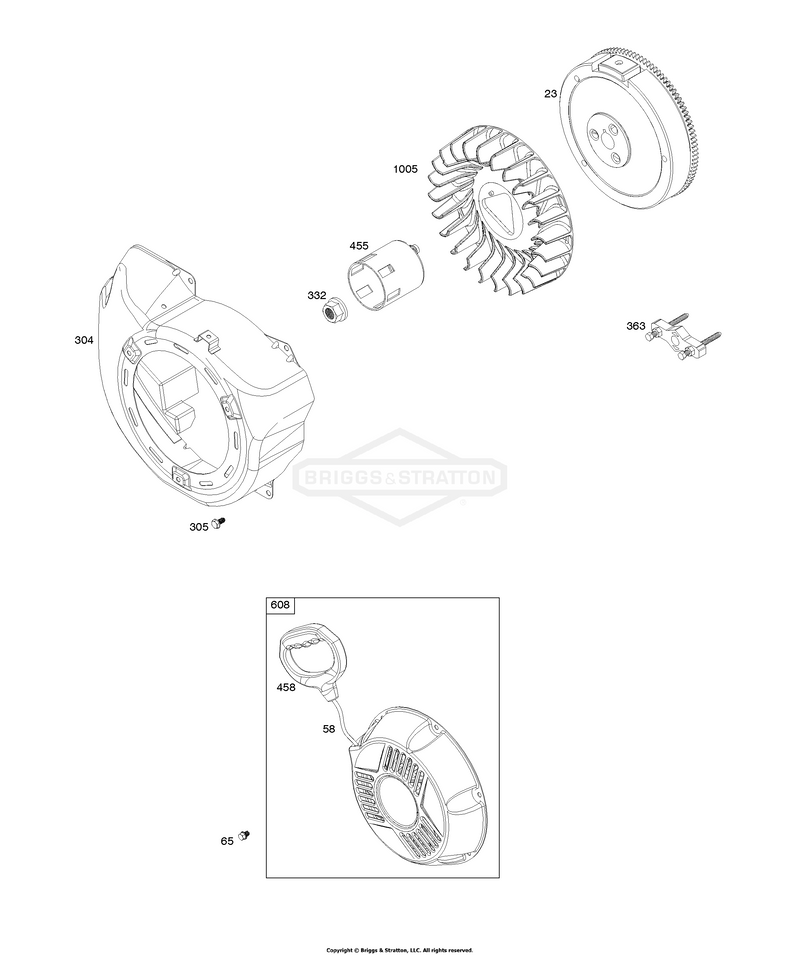 Blower Housing, Flywheel, Rewind Starter