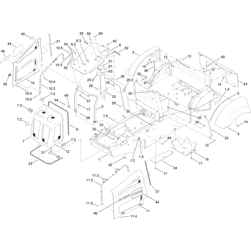Main Frame, Hood and Fender Mounting Assembly
