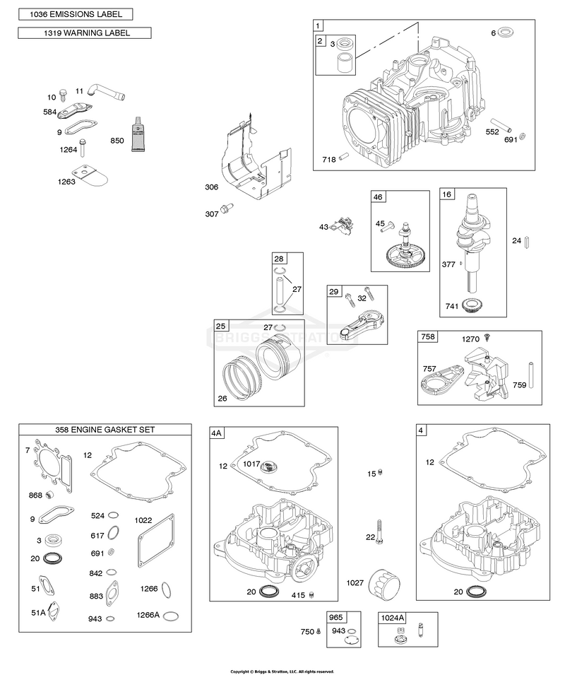 Camshaft, Crankshaft, Cylinder, Engine Sump, Gasket Set - Engine, Operator's Manual, Piston, Rings, Connecting Rod, Warning Label
