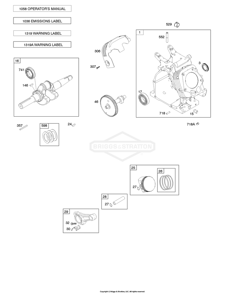 Cylinder, Lubrication, Camshaft, Operator's Manual, Piston/Rings/Connecting Rod, Pin, Warning Labels