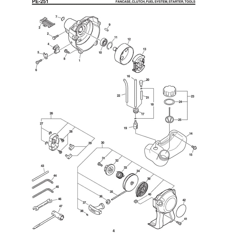 FANCASE, CLUTCH, FUEL SYSTEM, STARTER, TOOLS