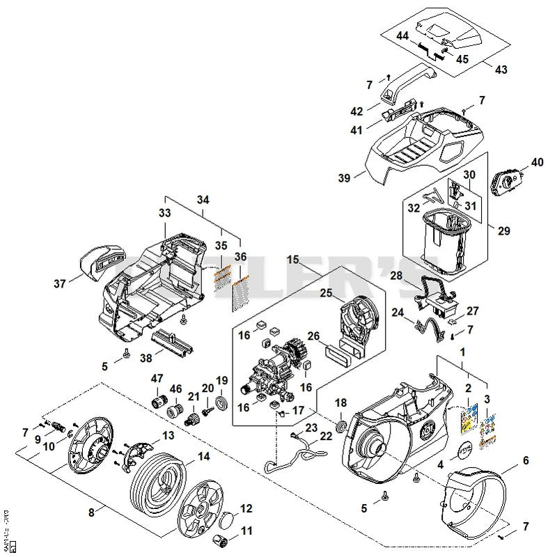 Cover, Hose reel, Switch, Air baffle, Battery compartment