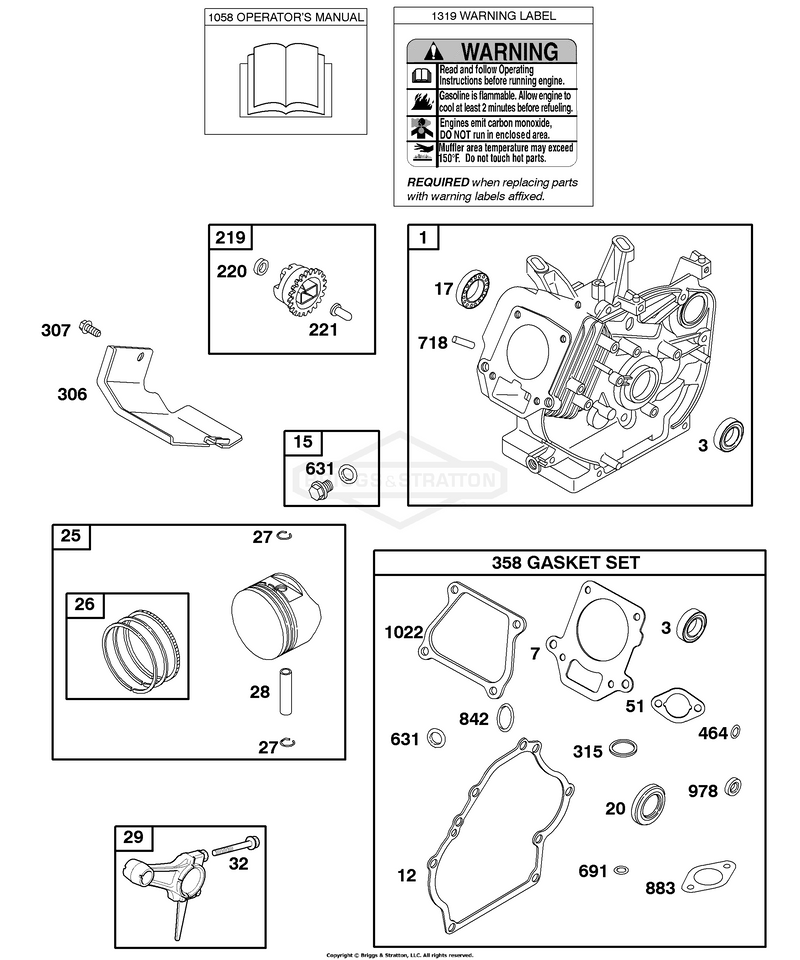 Cylinder, Gasket Set - Engine, Operator's Manual, Piston, Rings, Connecting Rod, Warning Label