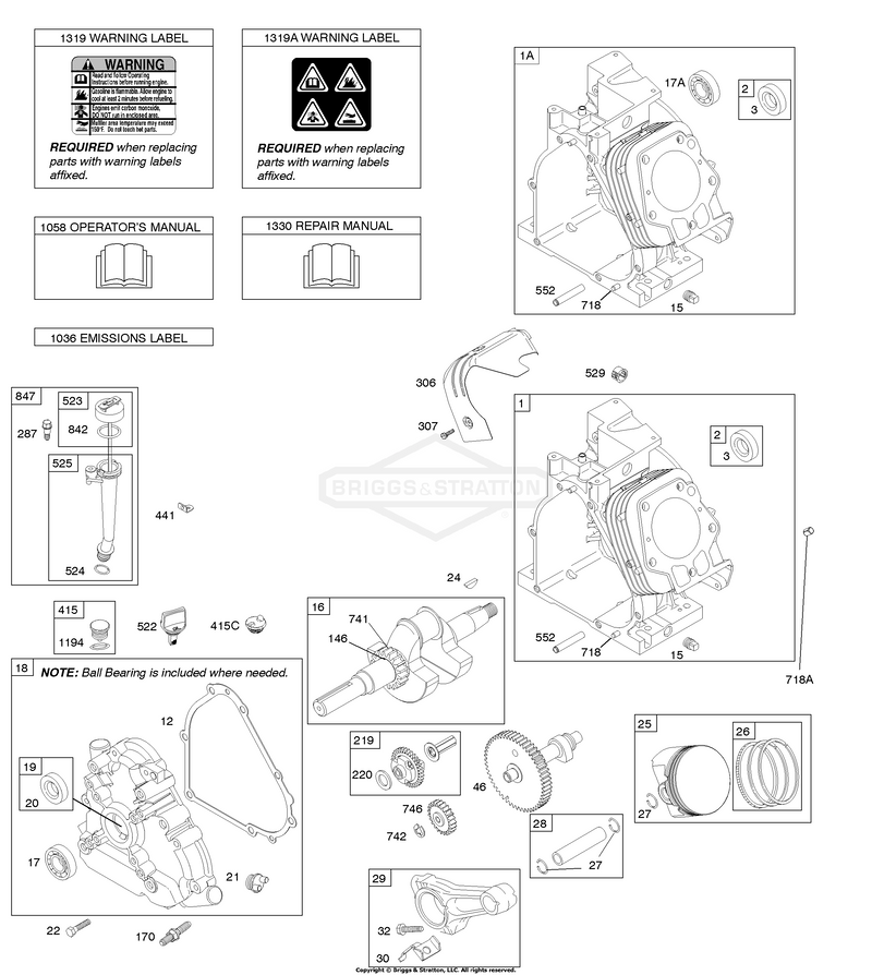 Camshaft, Crankcase Cover, Crankshaft, Cylinder, Lubrication, Operator's Manual, Piston/Rings/Connecting Rod, Warning Label