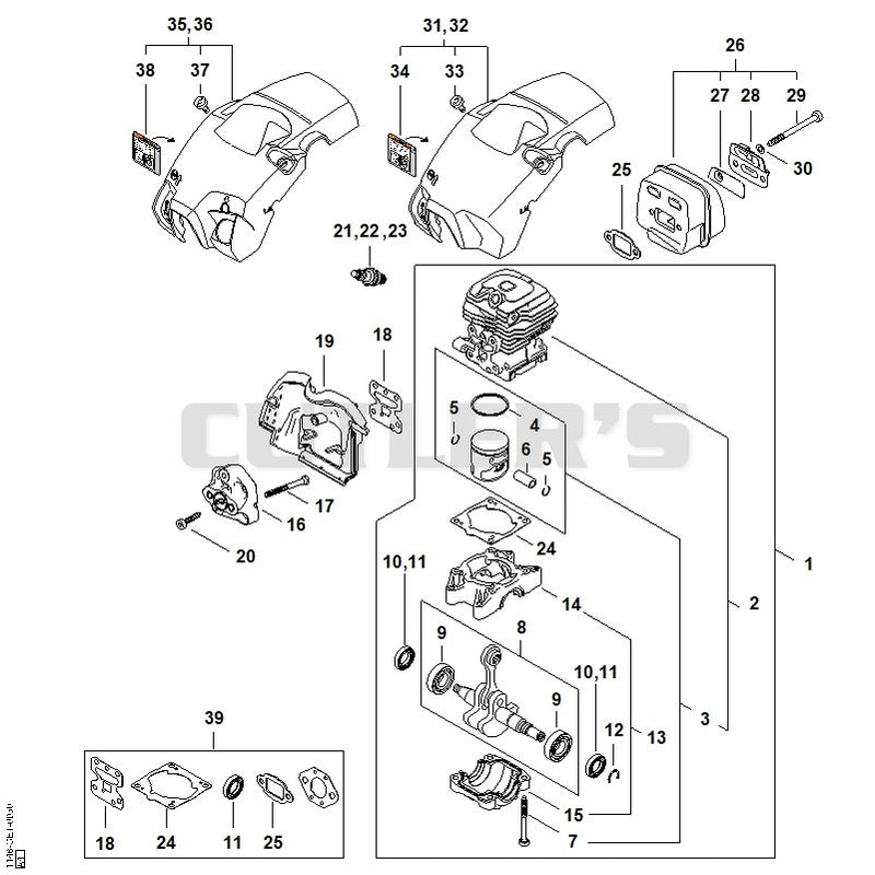 Crankcase, Cylinder, Muffler, Shroud