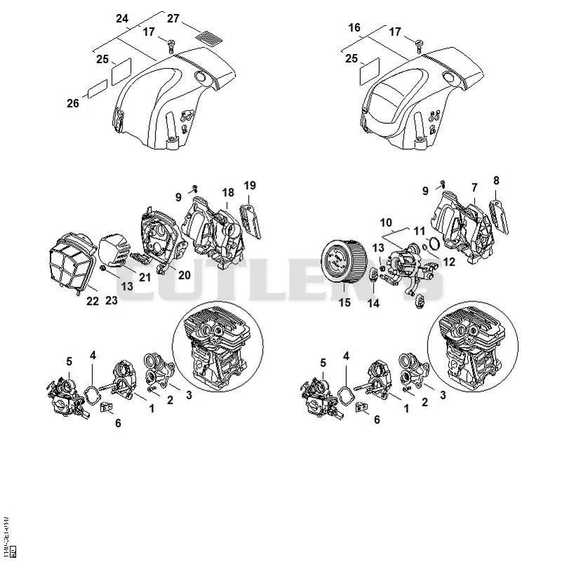 Carburetor bracket, Air filter, Shroud