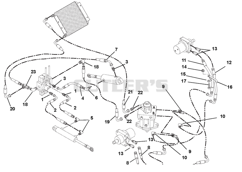 Pump to Lift cylinder, Motors, Valve, and Oil Cooler
