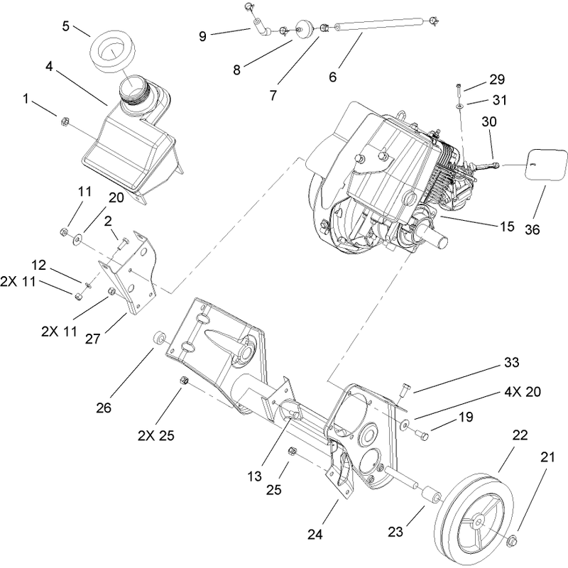 Engine, Gas Tank and Frame Assembly