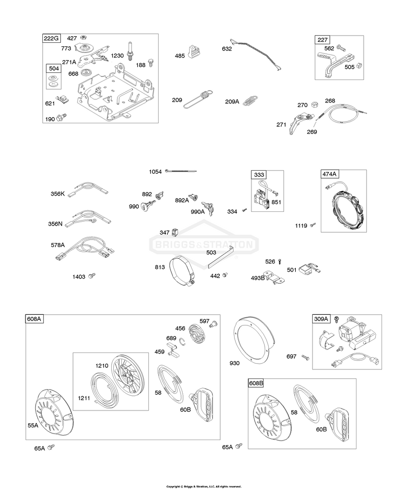 Controls, Electric Starter, Governor Spring, Ignition, Rewind Starter