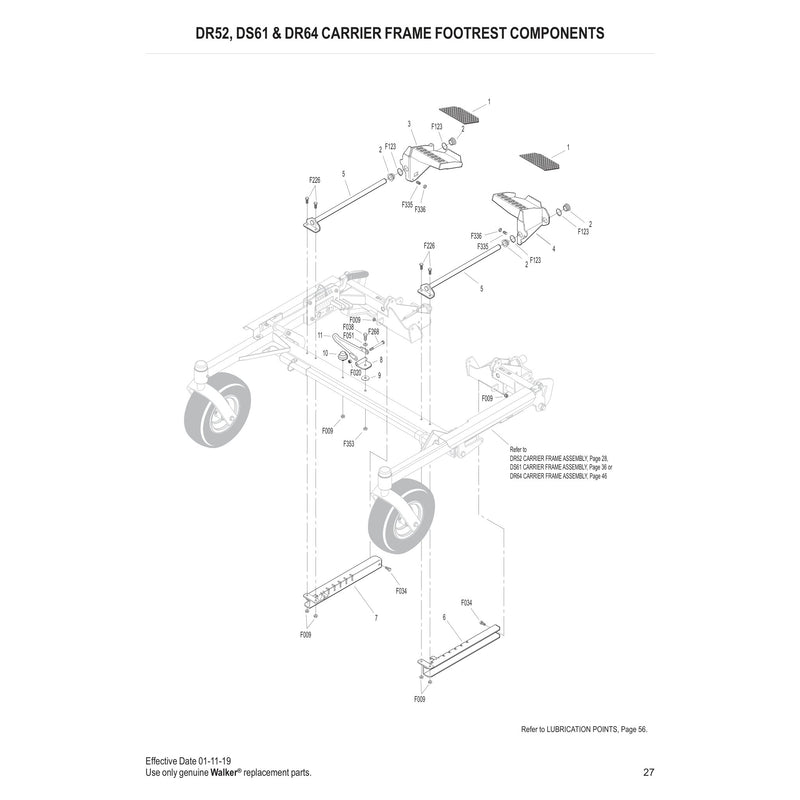 DR52, DS61 & DR64 CARRIER FRAME FOOTREST COMPONENTS
