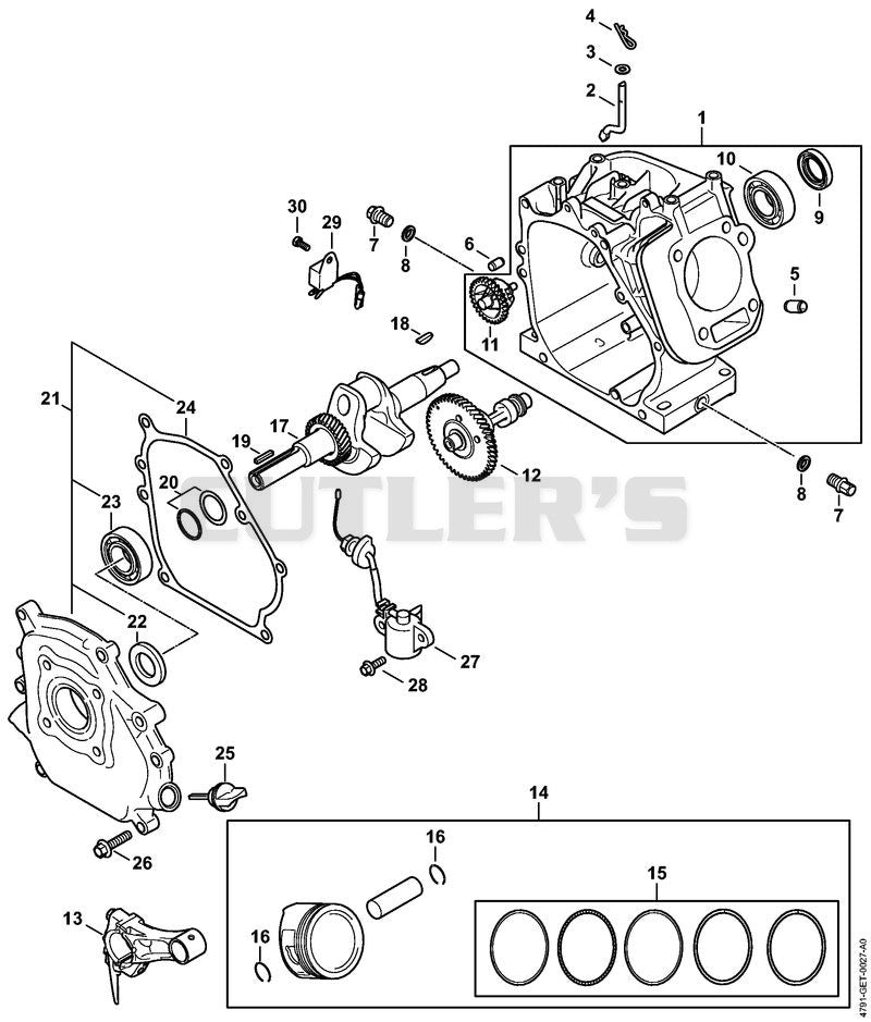 Crankcase, Piston, Crankshaft, Lubrication system