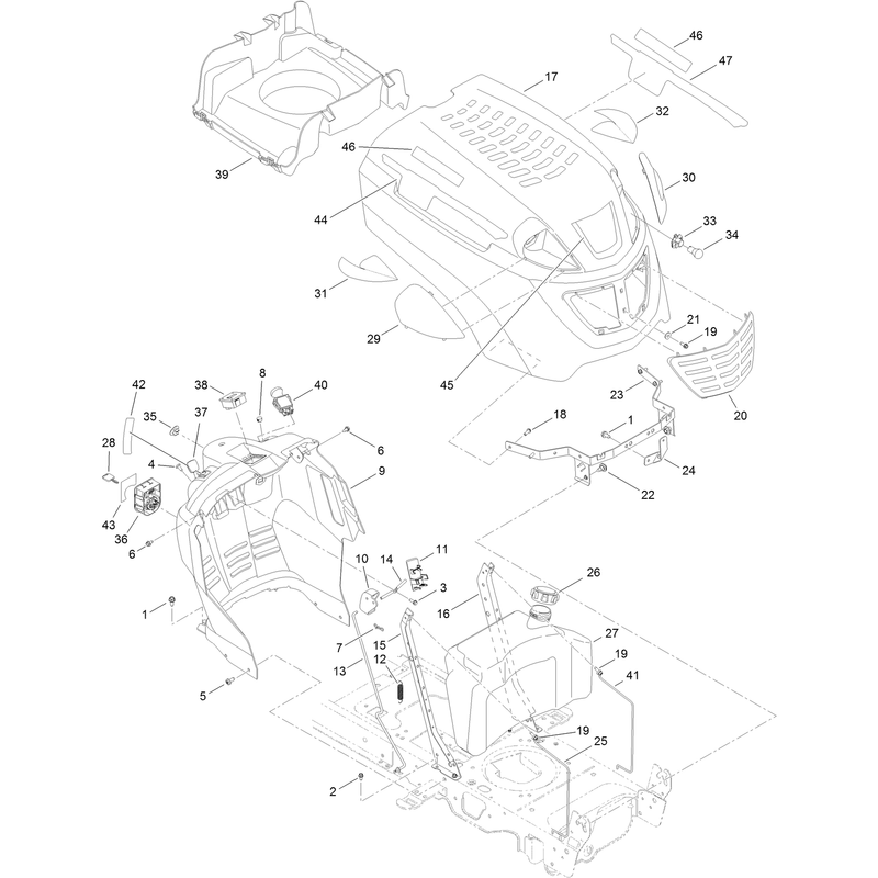 Fuel Tank, Hood and Dash Assembly