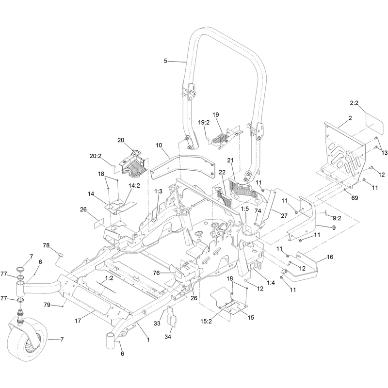 Frame, Caster Wheel and  Roll-Over Protection System Assembly