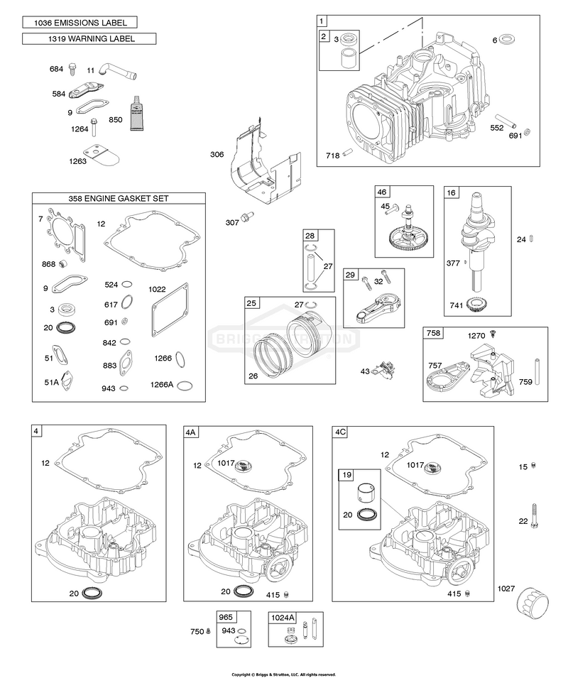Camshaft, Crankshaft, Cylinder, Engine Sump, Gasket Set-Engine, Lubrication, Operator's Manual, Piston, Rings, Connecting Rod, Warning Label