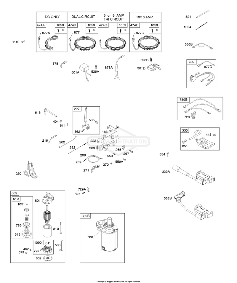 Alternator, Controls, Electric Starter, Governor Spring, Ignition