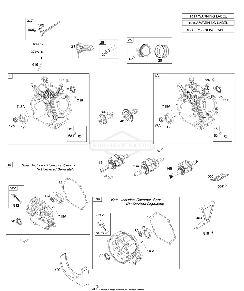 Camshaft, Crankcase Cover, Crankshaft, Cylinder, Exhaust Bracket, Piston/Rings/Connecting Rod, Warning Label