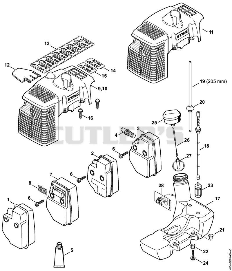 Muffler, Shroud, Fuel tank