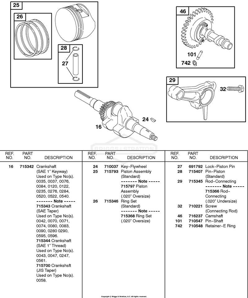 Camshaft, Crankshaft, Piston, Rings, Connecting Rod