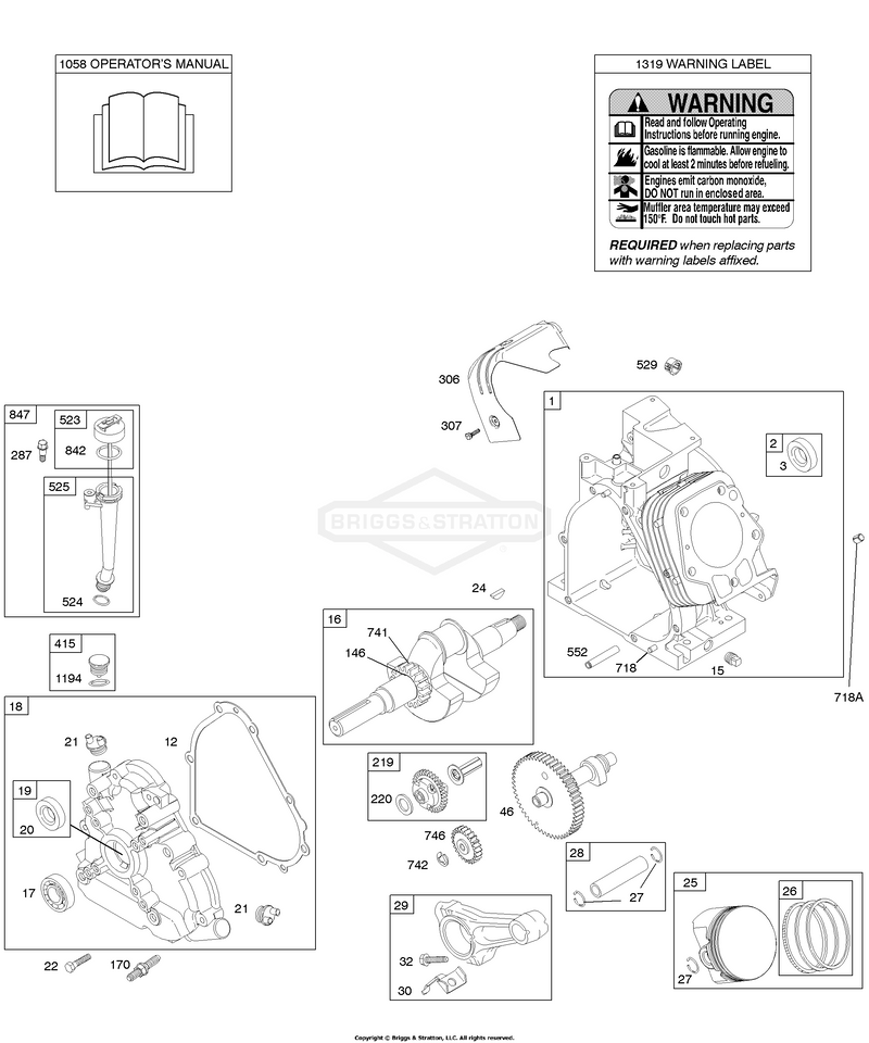 Camshaft, Crankcase Cover, Crankshaft, Cylinder, Lubrication, Operator's Manual, Piston/Rings/Connecting Rod, Warning Label