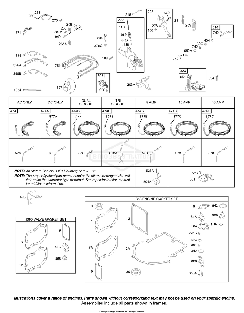 Alternator, Controls, Electrical, Governor Spring, Ignition, Kits/Gasket-Engine