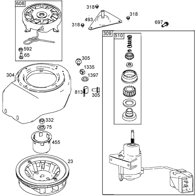 Flywheel, Blower Housing, and Starter Assemblies  Briggs and Stratton 084133-0196-E1