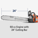 Husqvarna 970613934 460 Rancher Gas Chainsaw, 60.3-cc 3.6-HP, 2-Cycle X-Torq Engine, 24 Inch Chainsaw with Automatic Adjustable Oil Pump, For Wood Cutting, Tree Trimming and Land Clearing